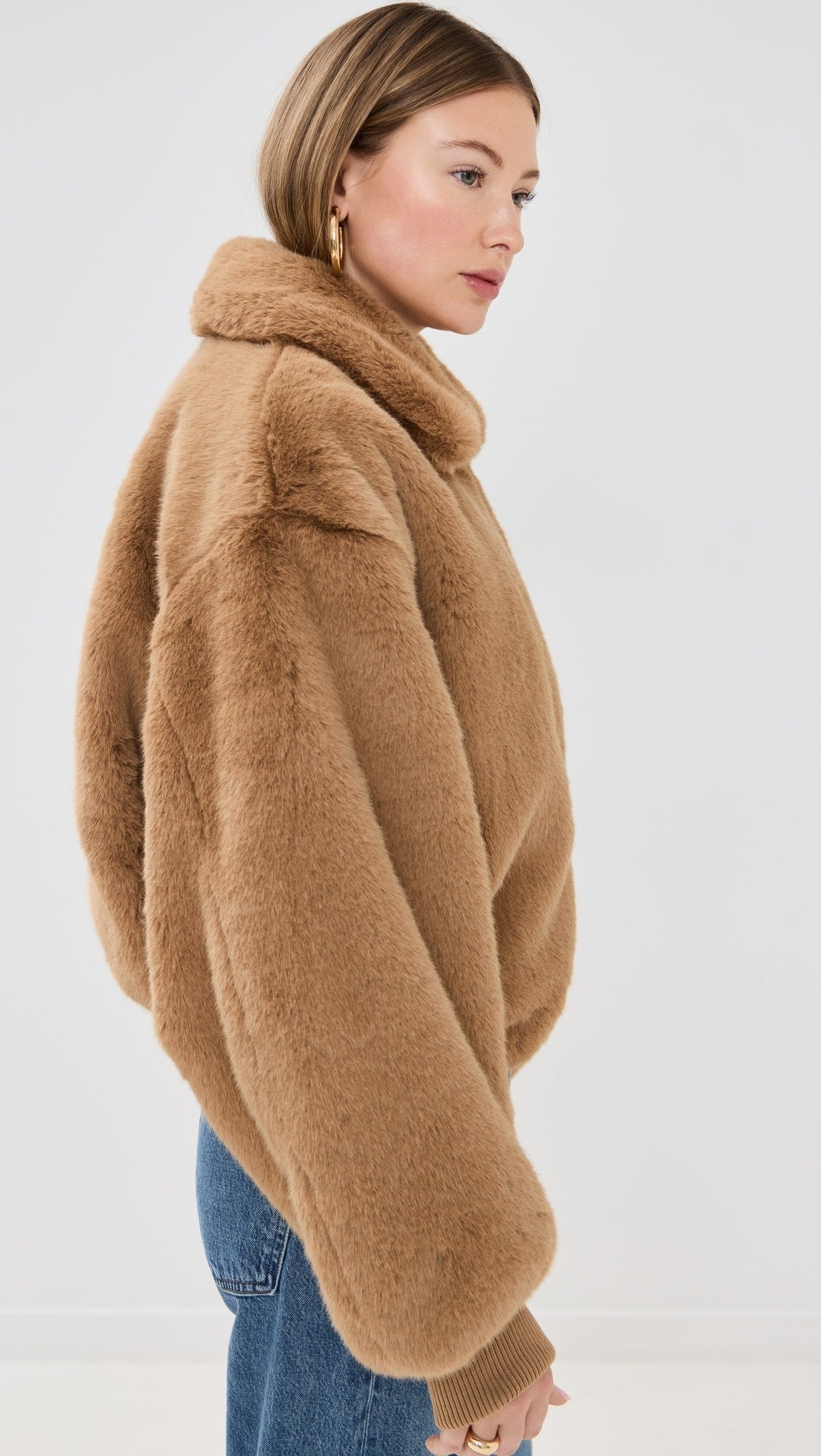 Fluffy Brown Jacket With Polo Collar And Zipper