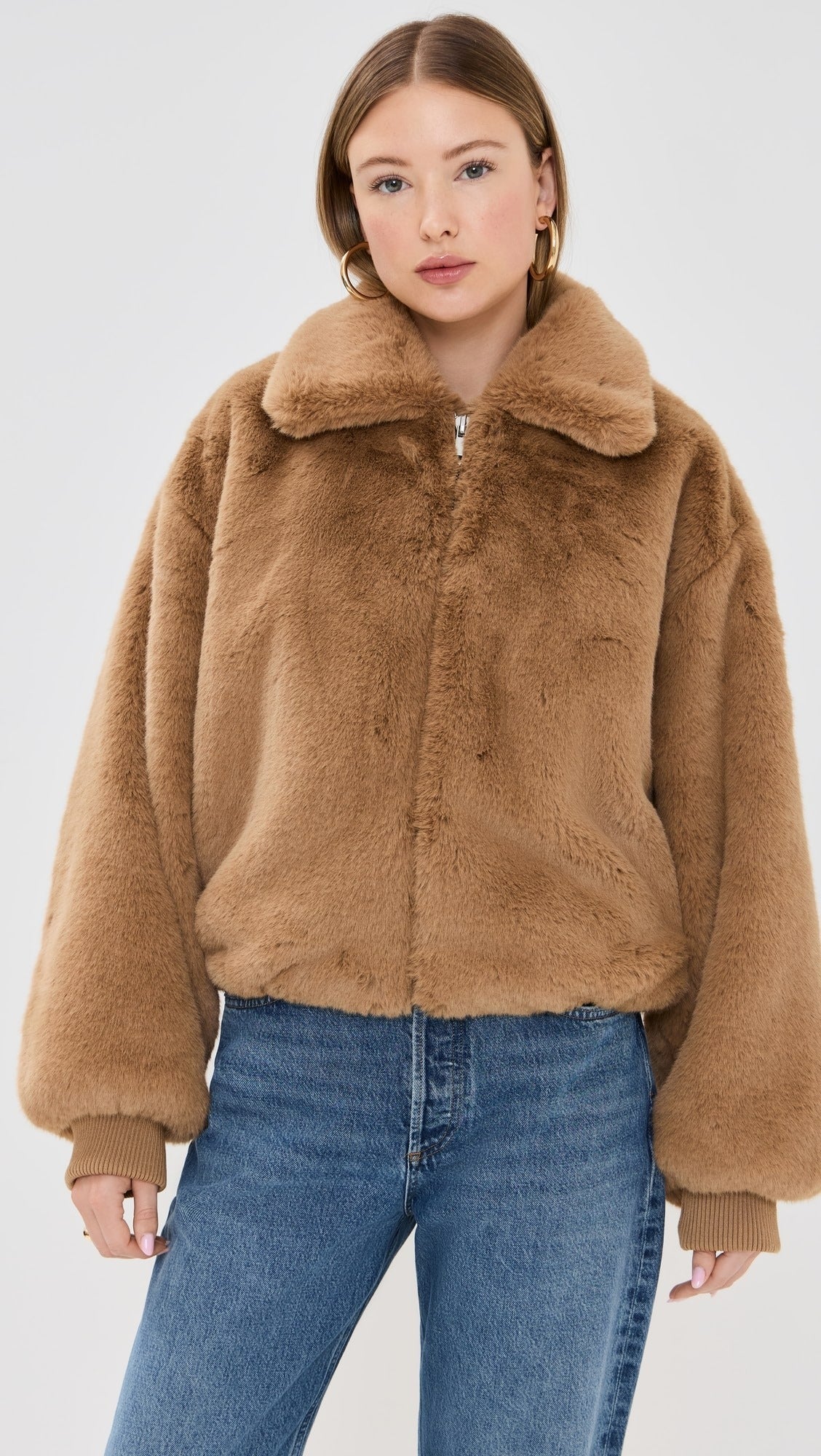 Fluffy Brown Jacket With Polo Collar And Zipper