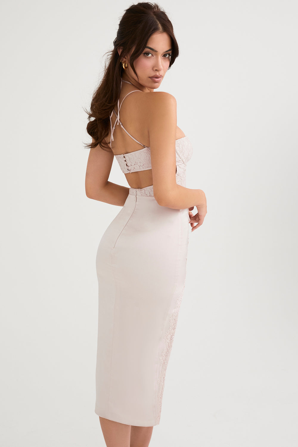 Midi dress in crystal satin and lace