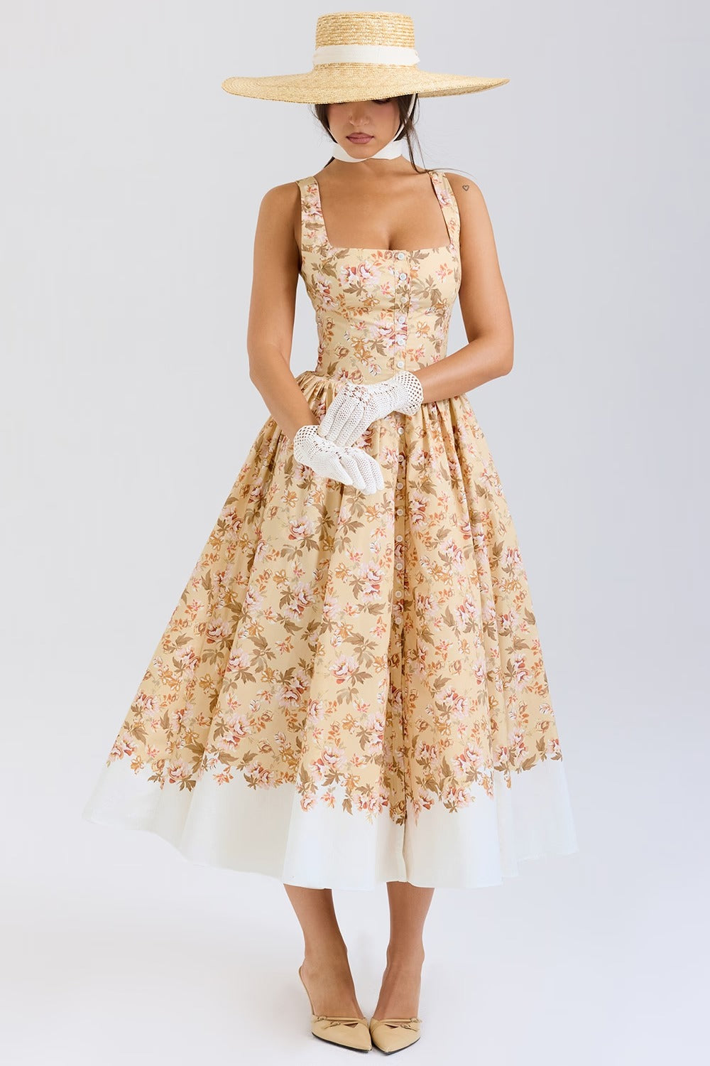 Flower Print Gathered Cotton Midi Dress