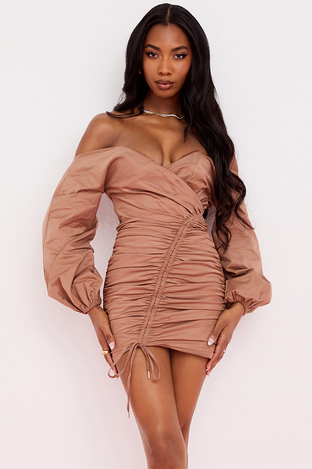 Mocha mini wrap dress with bare shoulders