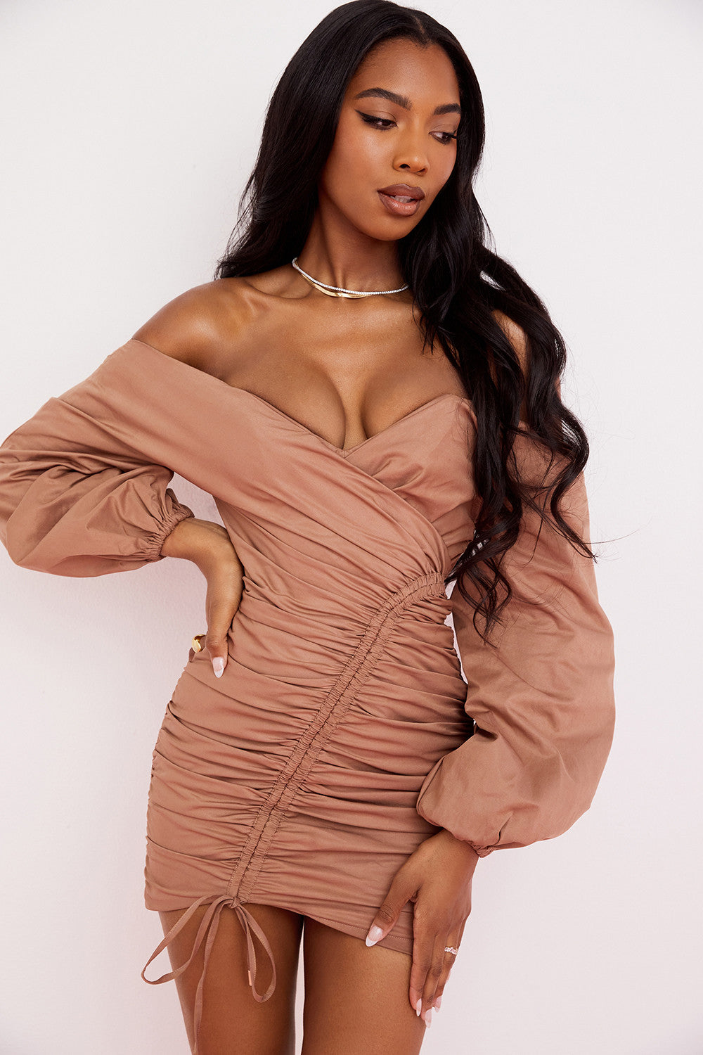 Mocha mini wrap dress with bare shoulders