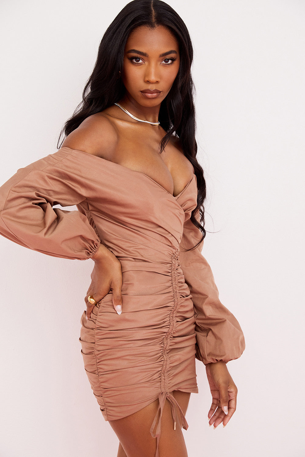 Mocha mini wrap dress with bare shoulders