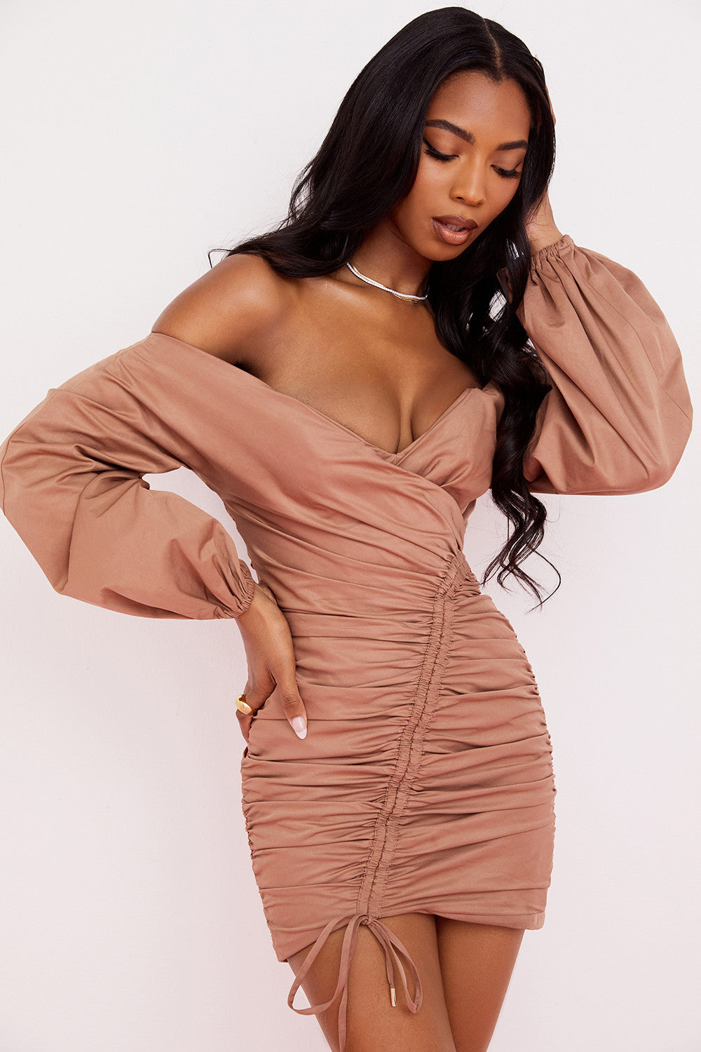 Mocha mini wrap dress with bare shoulders