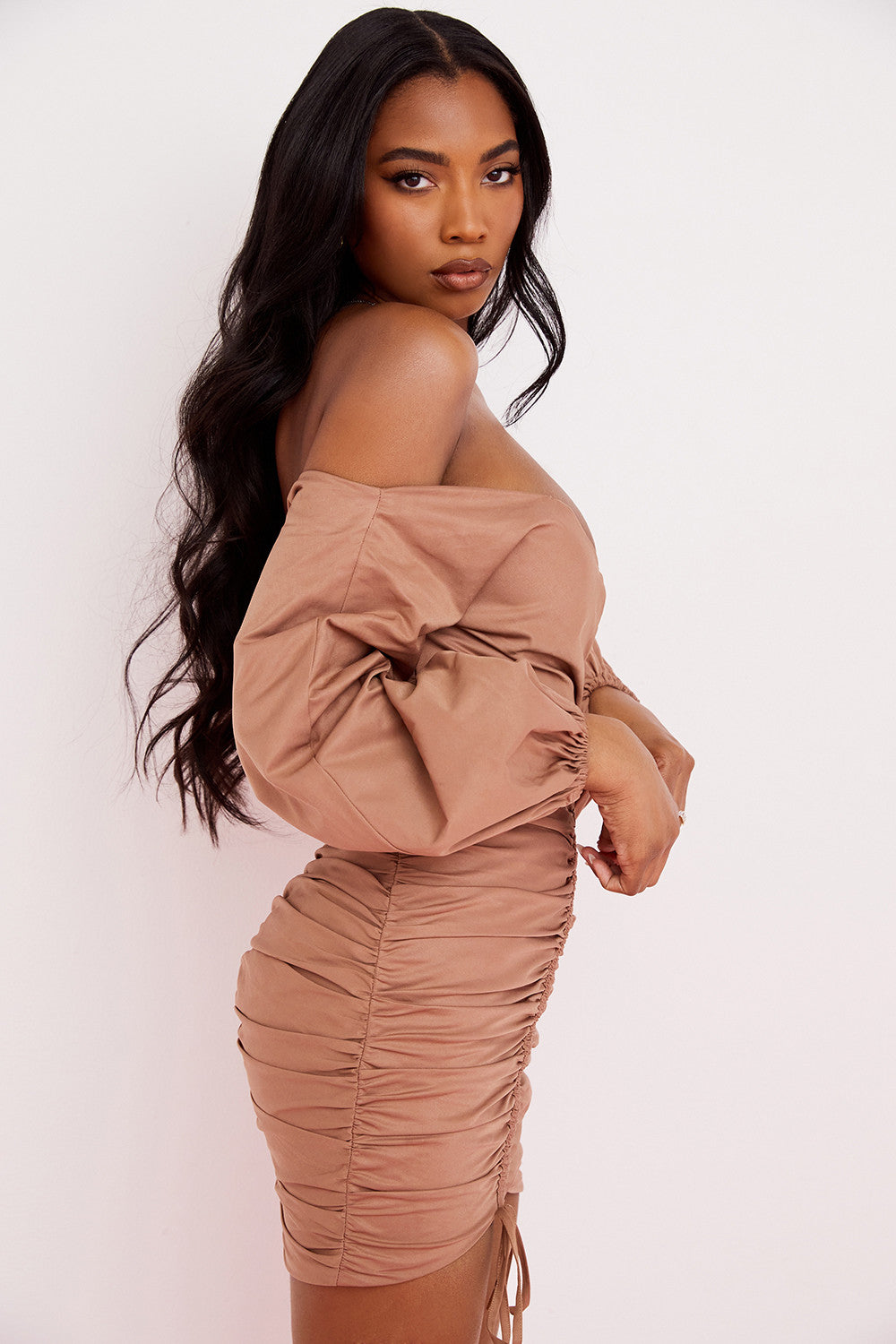 Mocha mini wrap dress with bare shoulders