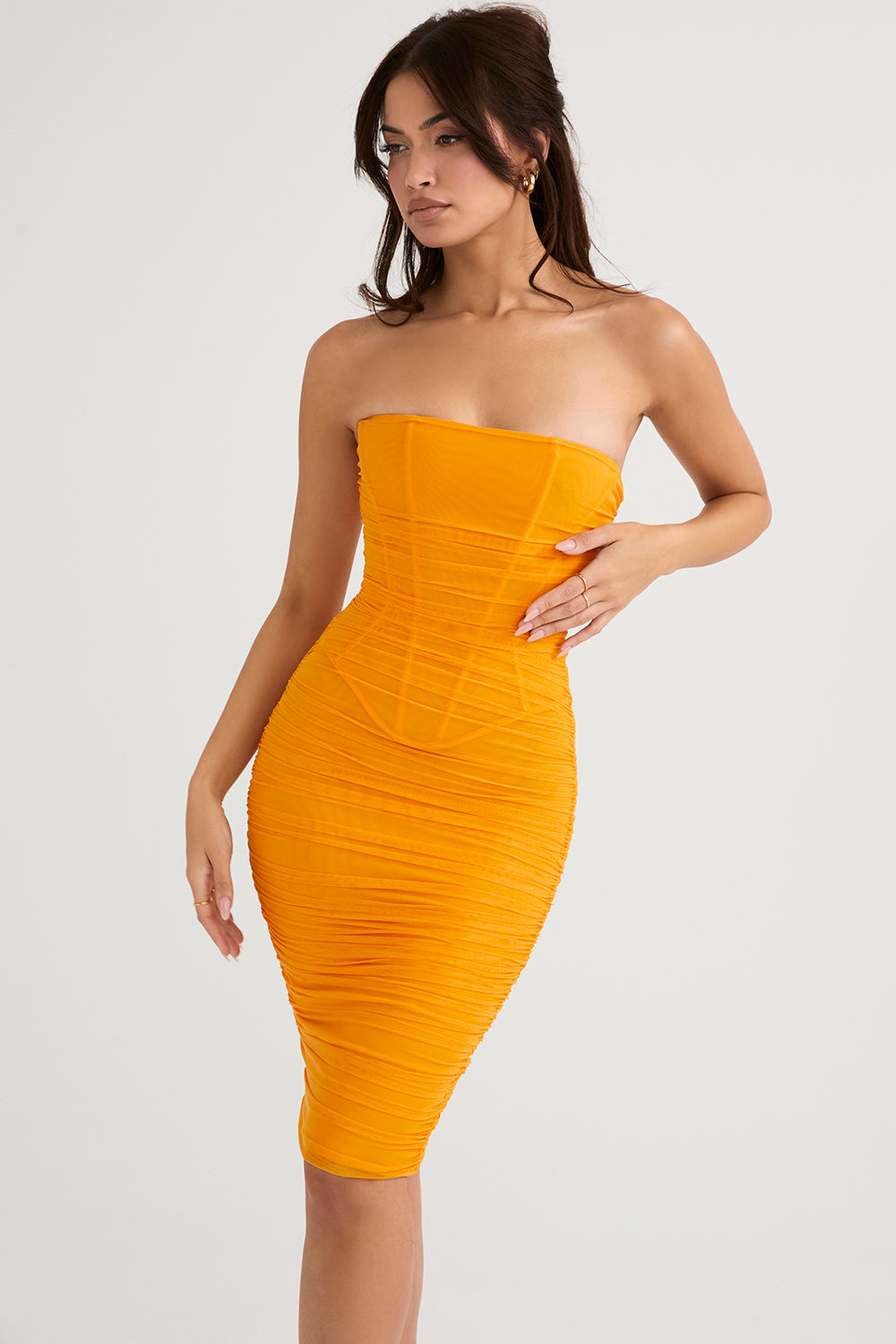 Strapless midi dress with ruffles