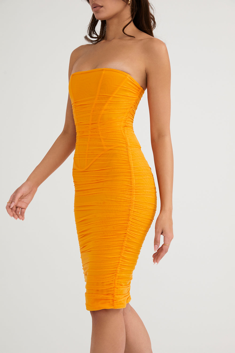 Strapless midi dress with ruffles