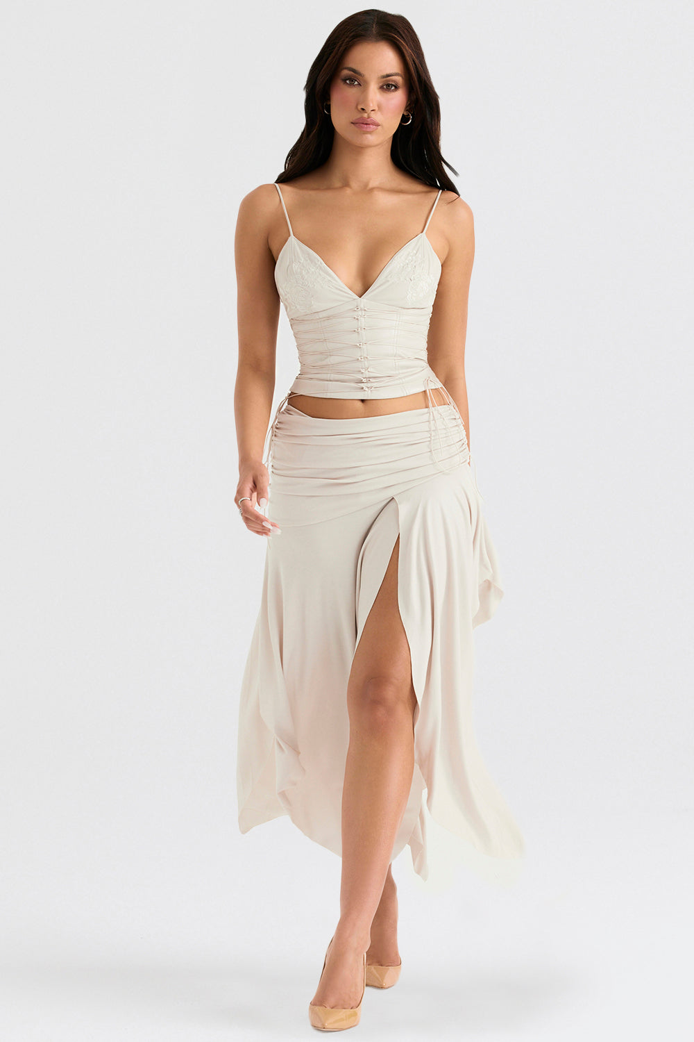 White vegan leather corset with draped midi skirt