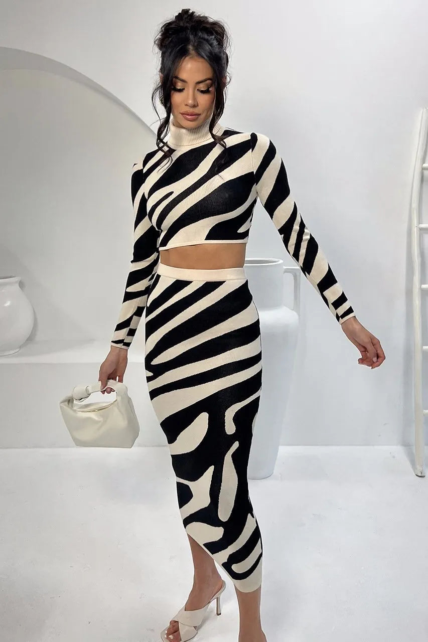 Long Sleeve Crop Stop With Maxi Skirt In Zebra Print