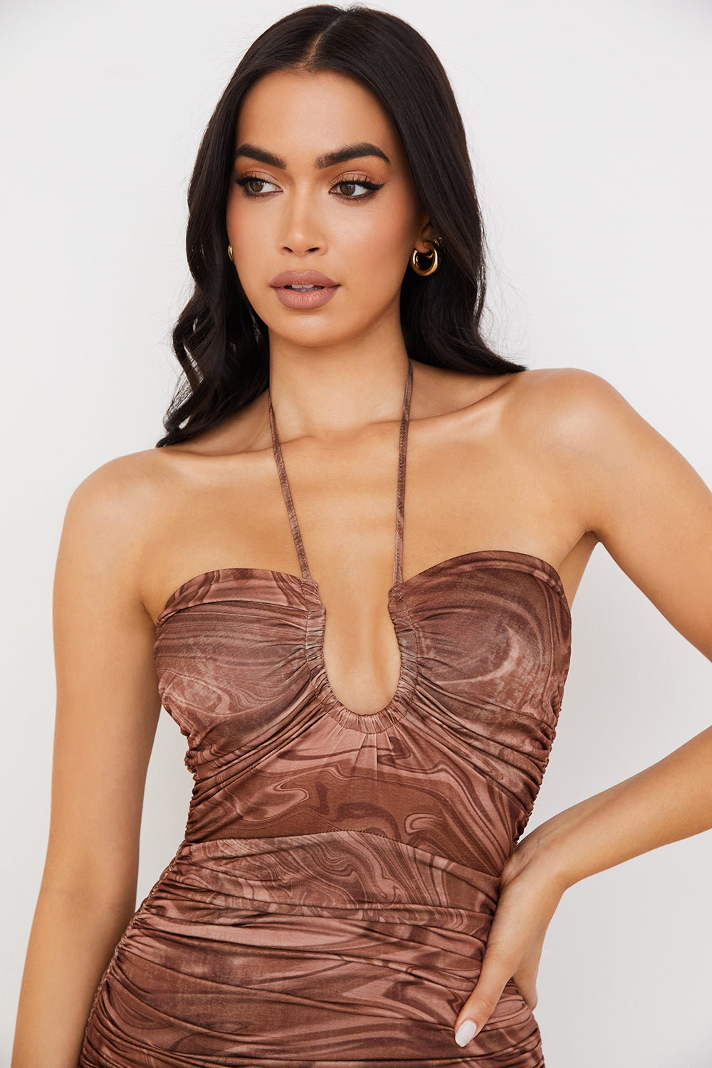 Halter mini dress with cocoa swirl cutout