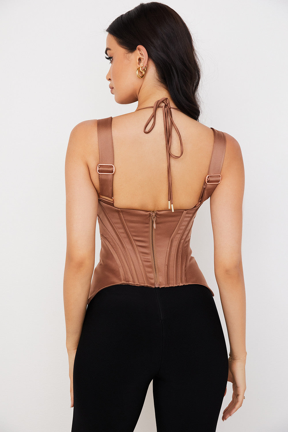 Toffee satin peplum corset