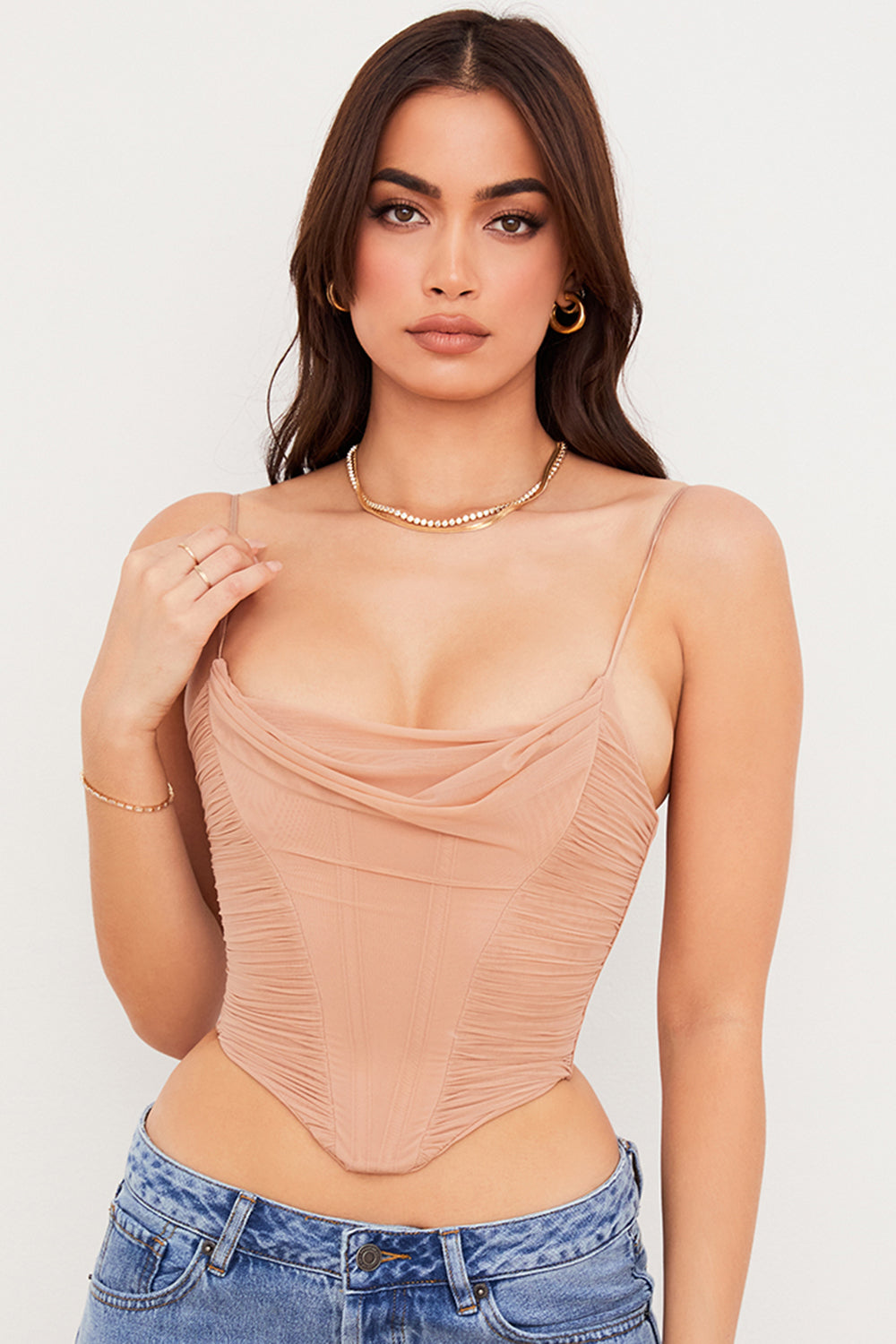 Beige mesh draped corset