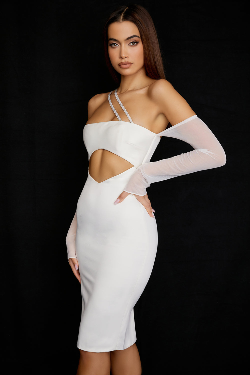 Ivory satin midi dress with cutout