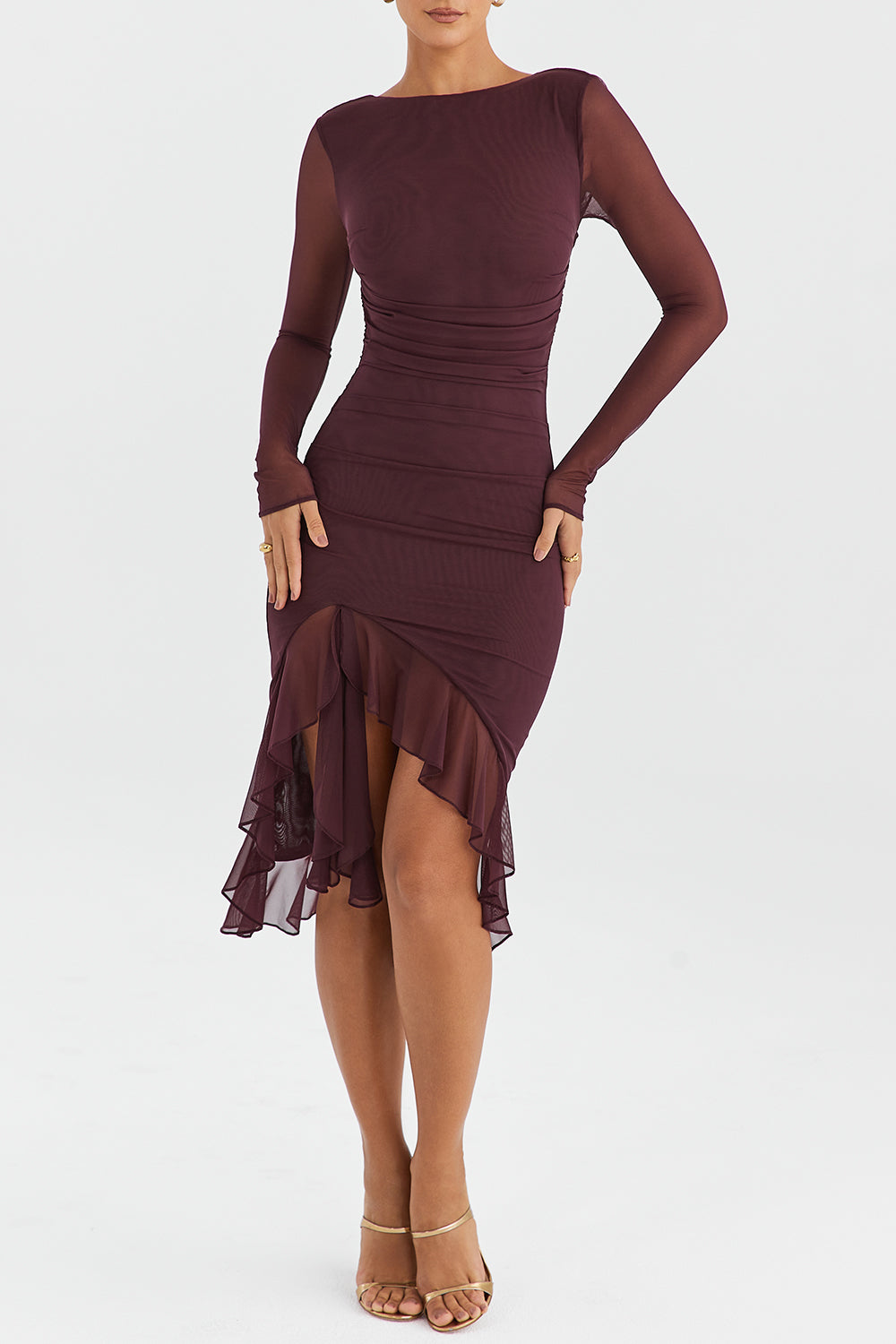 Long Sleeve Ruffle Midi Dress In Purple