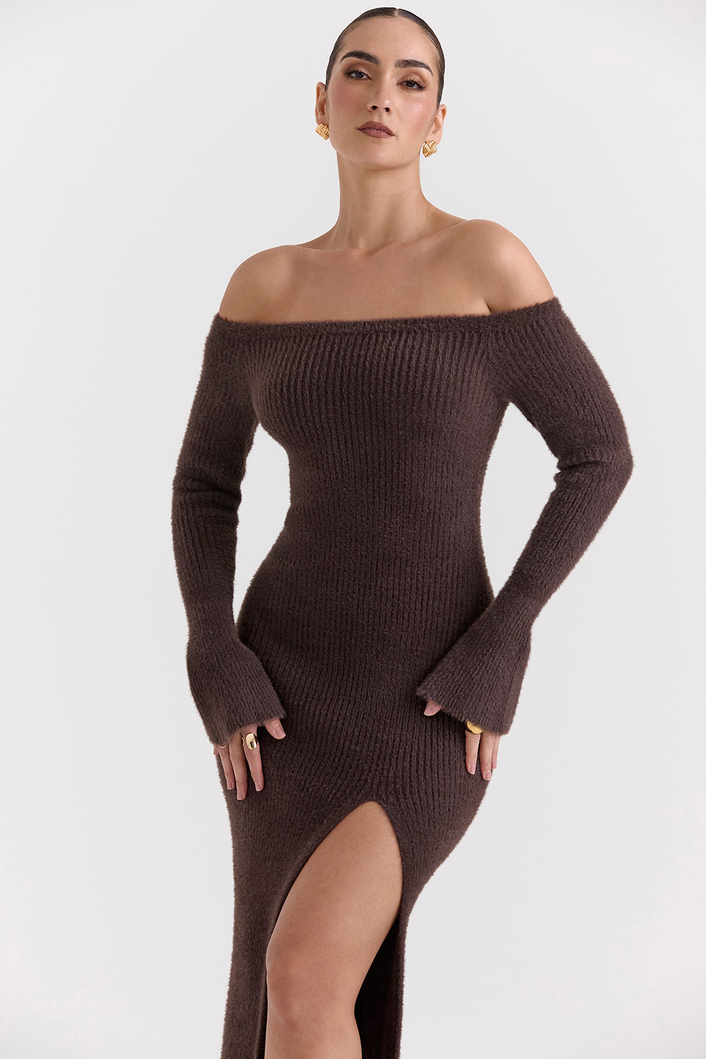 Espresso knitted off shoulder dress