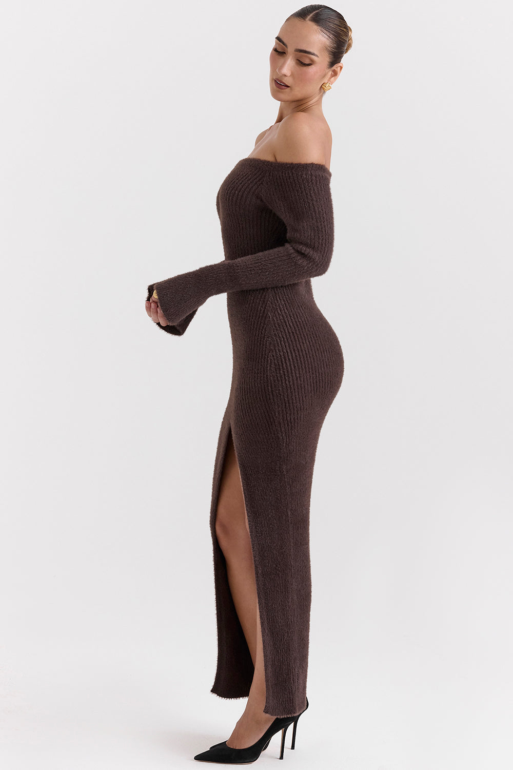 Espresso knitted off shoulder dress