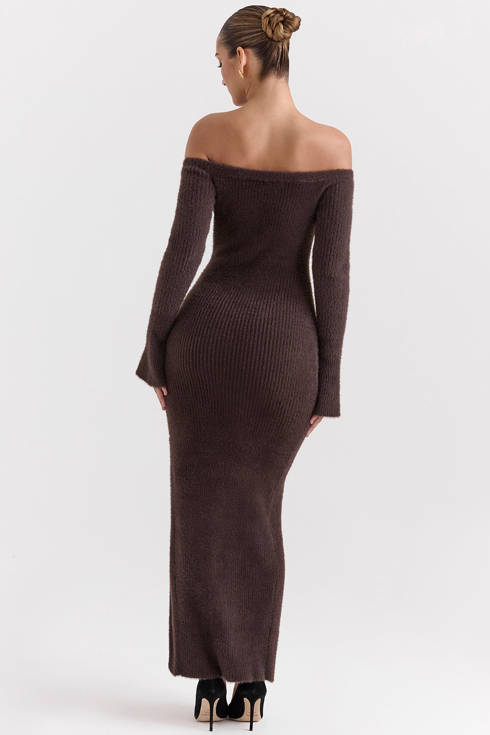 Espresso knitted off shoulder dress