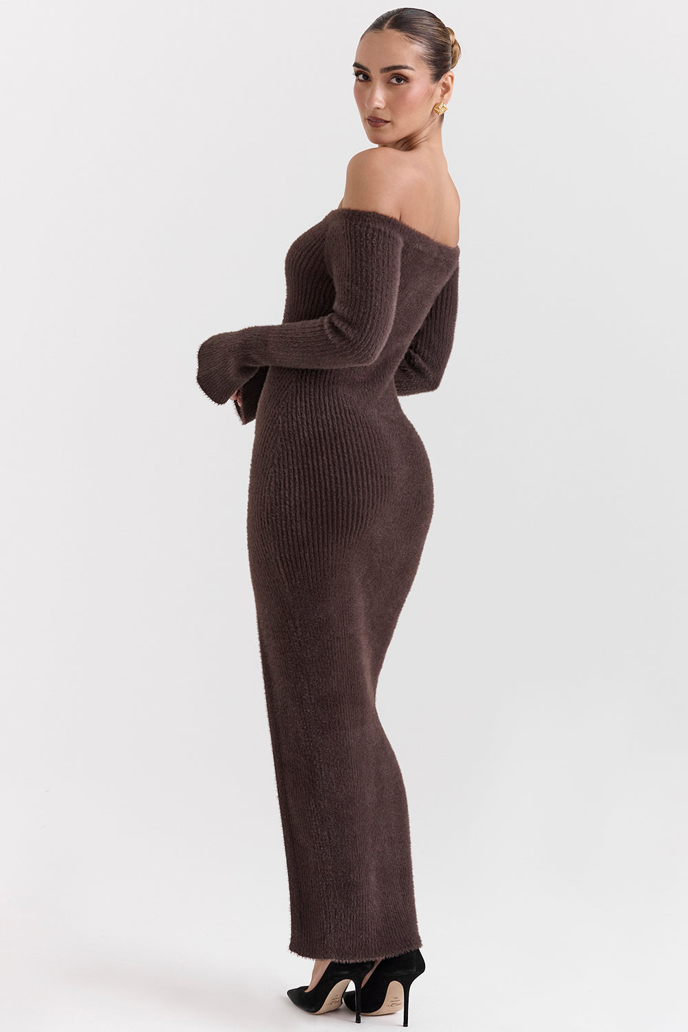 Espresso knitted off shoulder dress