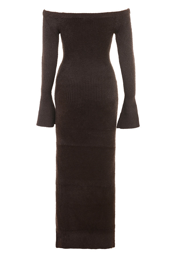 Espresso knitted off shoulder dress