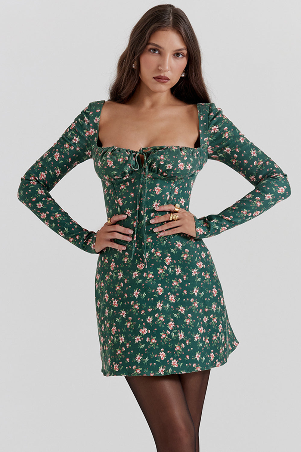 Green floral corset mini dress