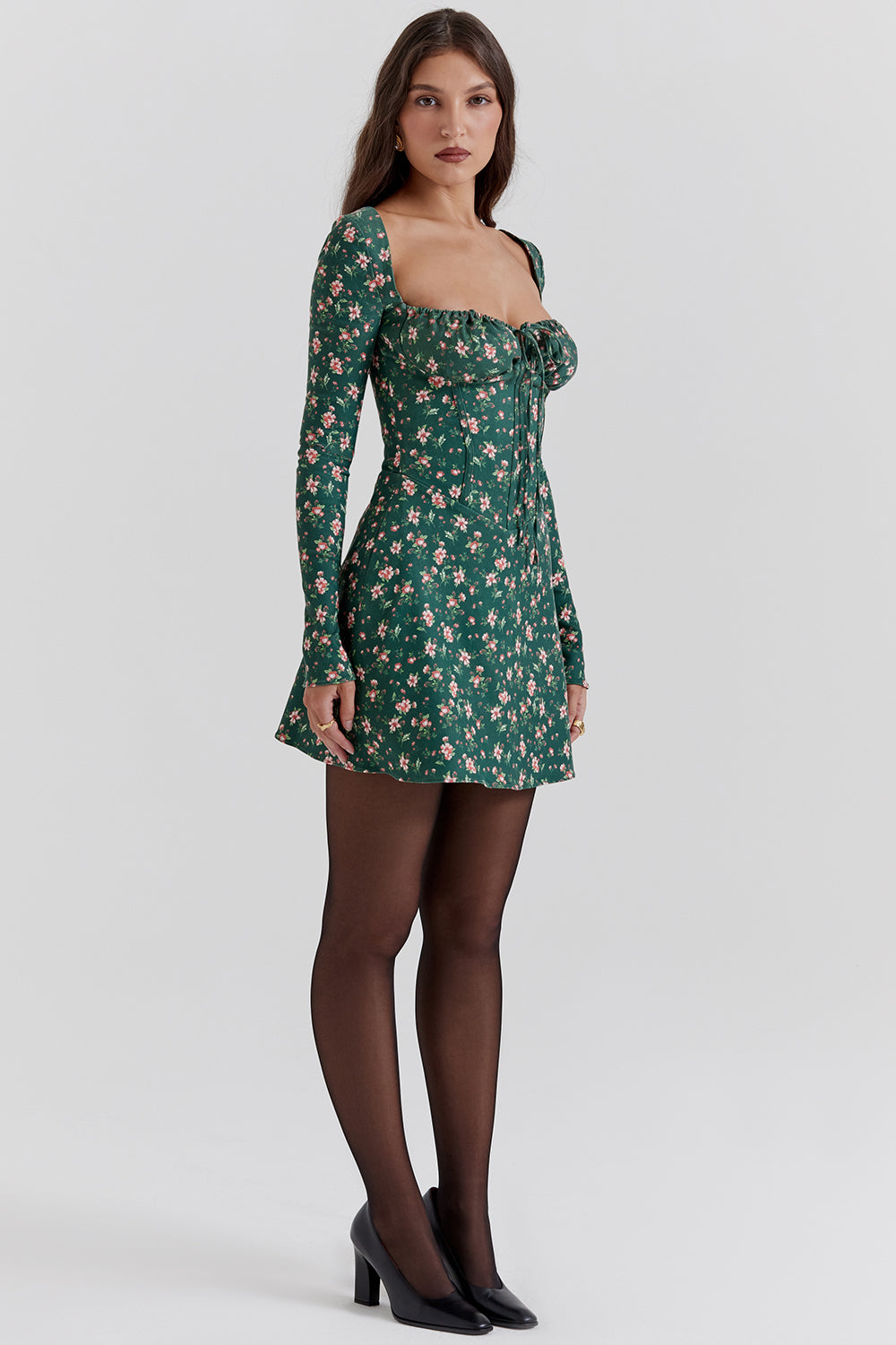 Green floral corset mini dress