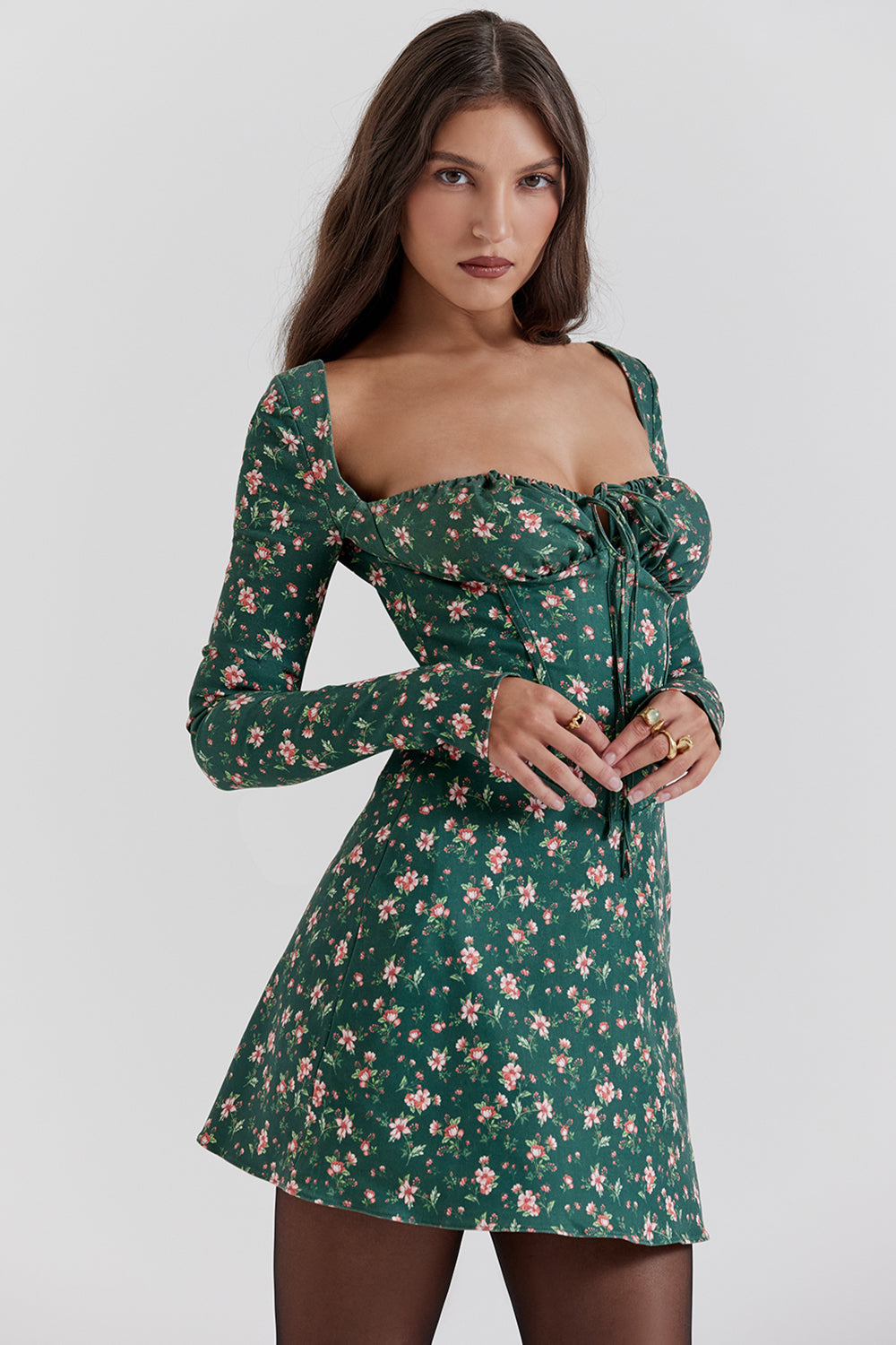 Green floral corset mini dress