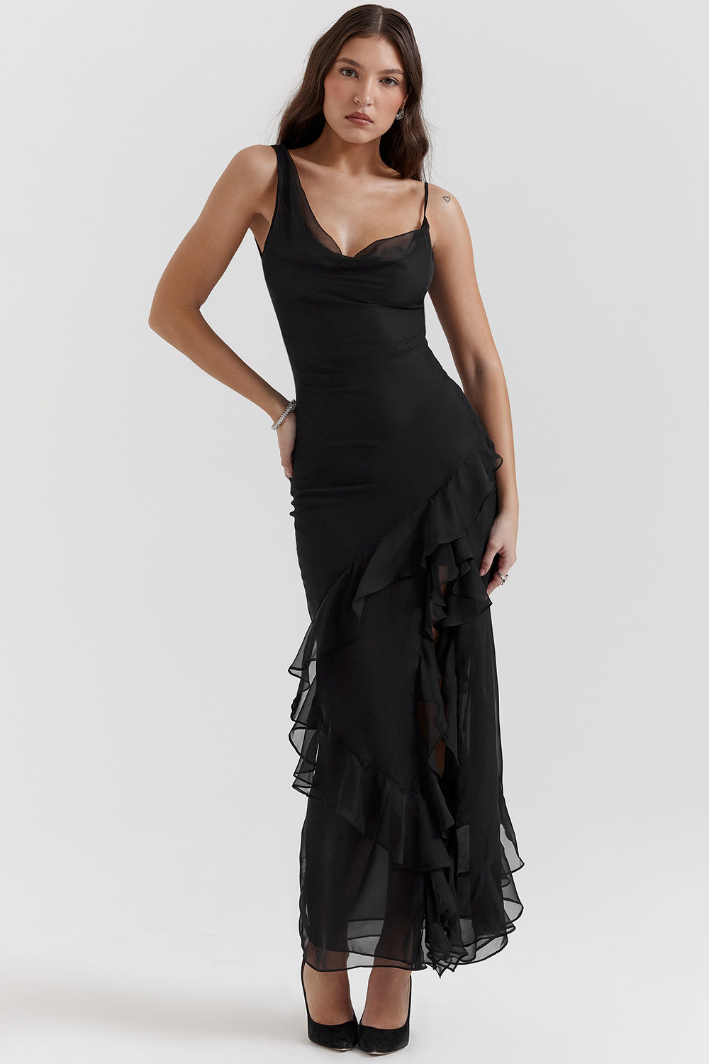 Black maxi dress with ruffles