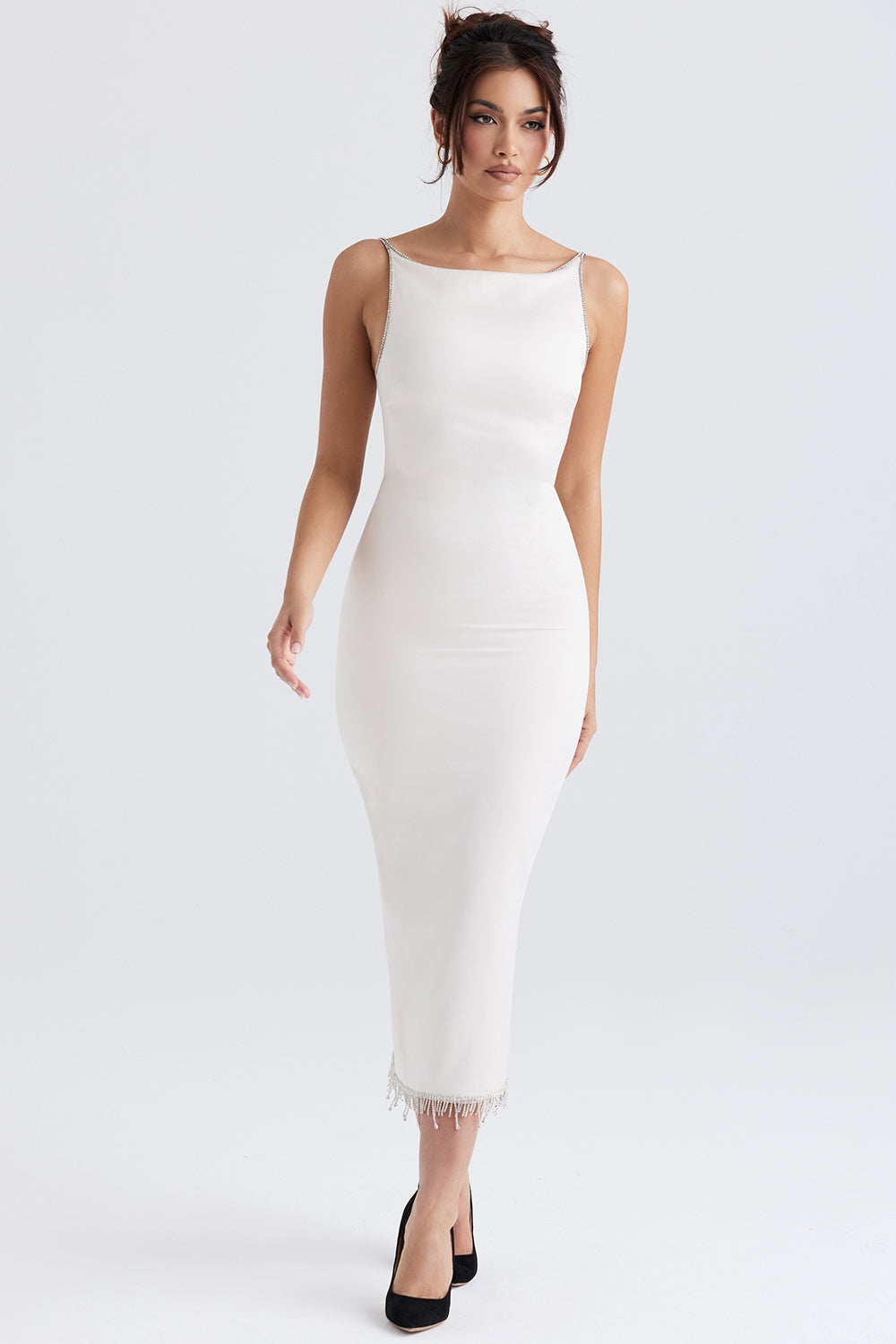 Ivory satin midi dress with crystals