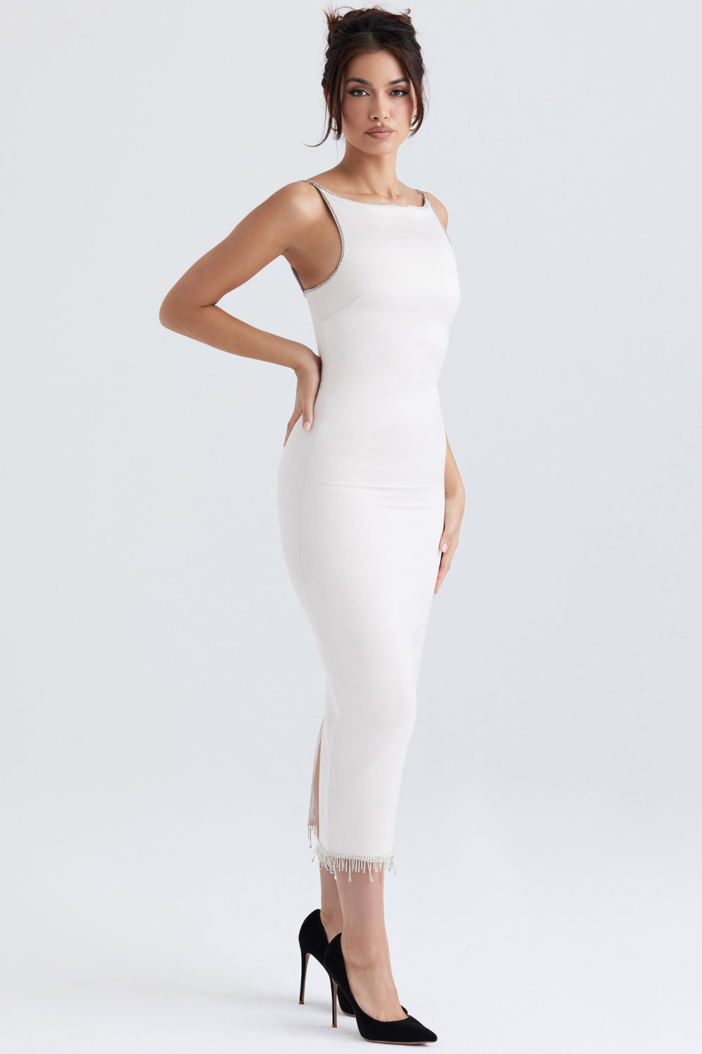 Ivory satin midi dress with crystals