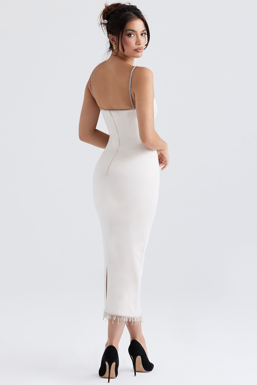 Ivory satin midi dress with crystals