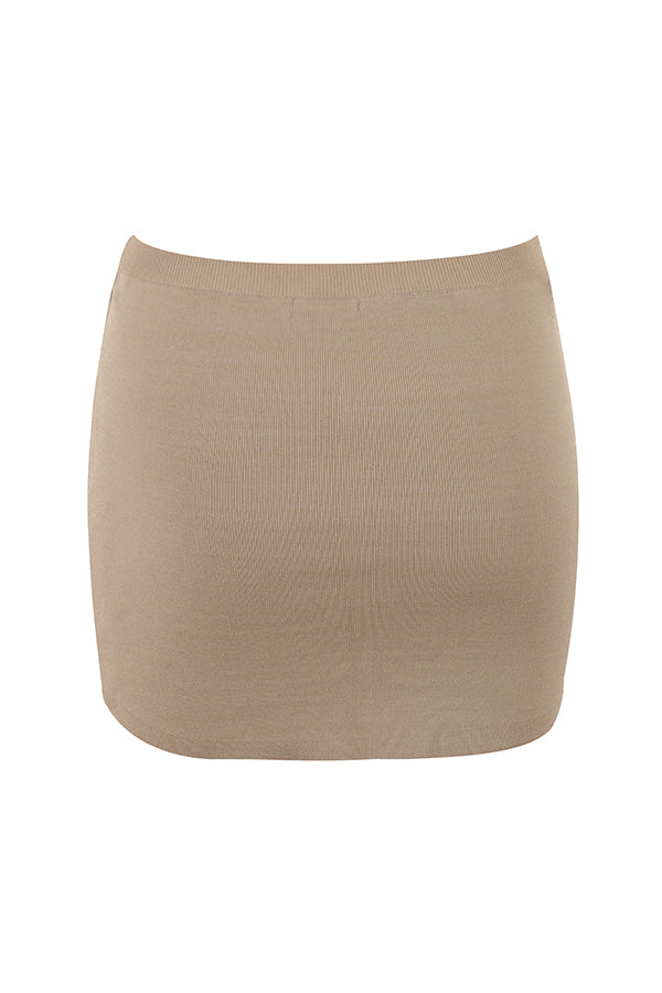 Taupe knitted top with long sleeves and mini skirt