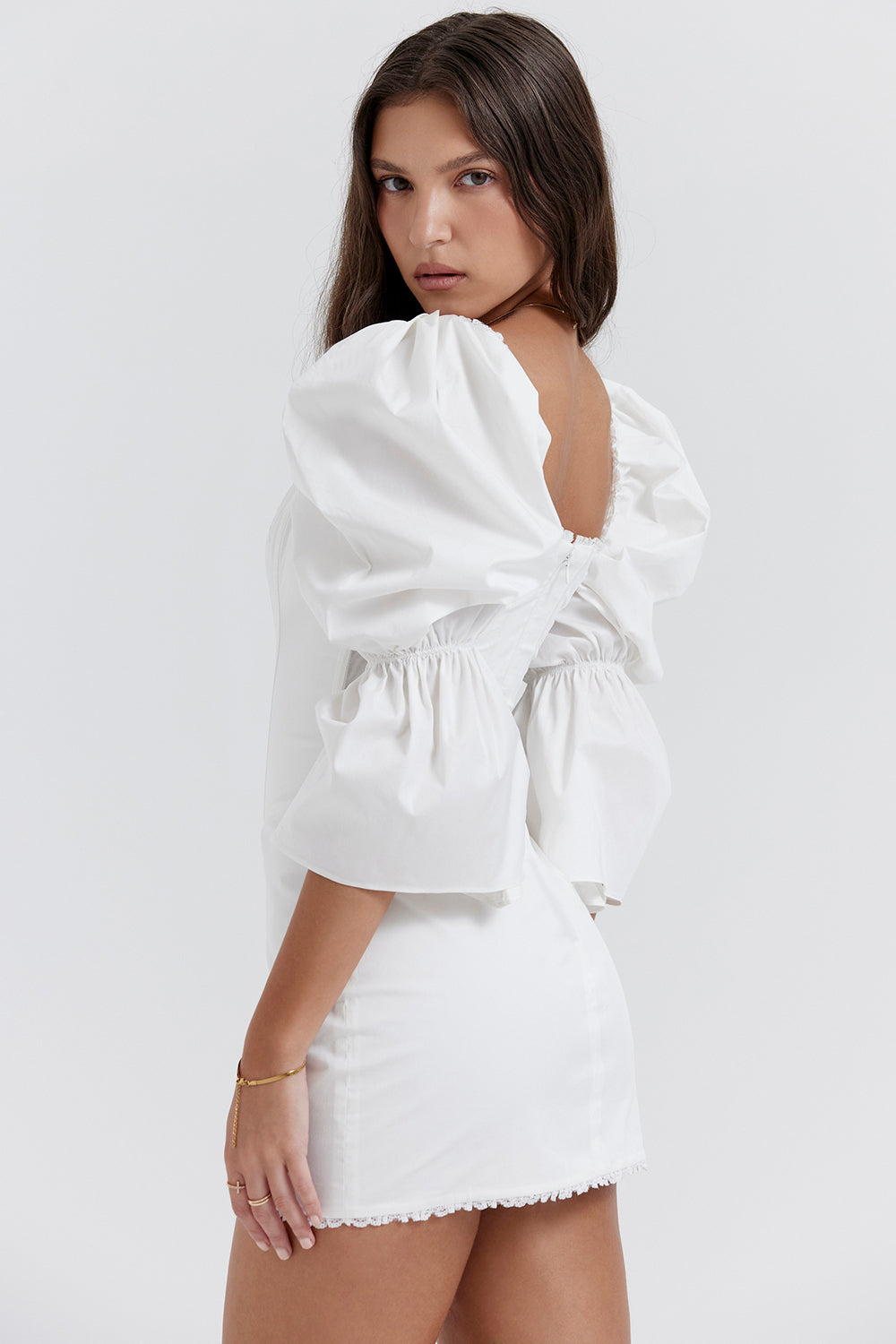 White corset dress with puff sleeves