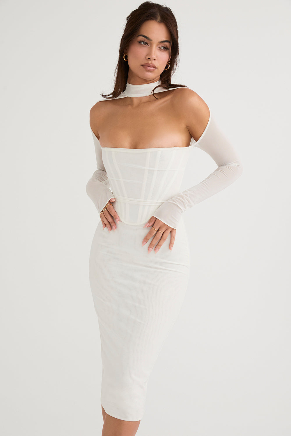 Midi dress with mesh corset