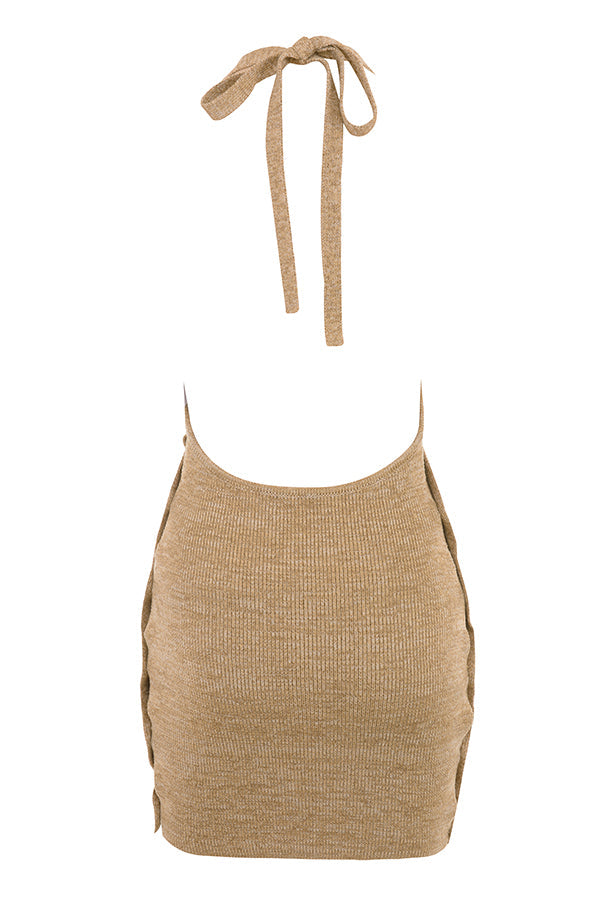 Sand knitted halter mini dress