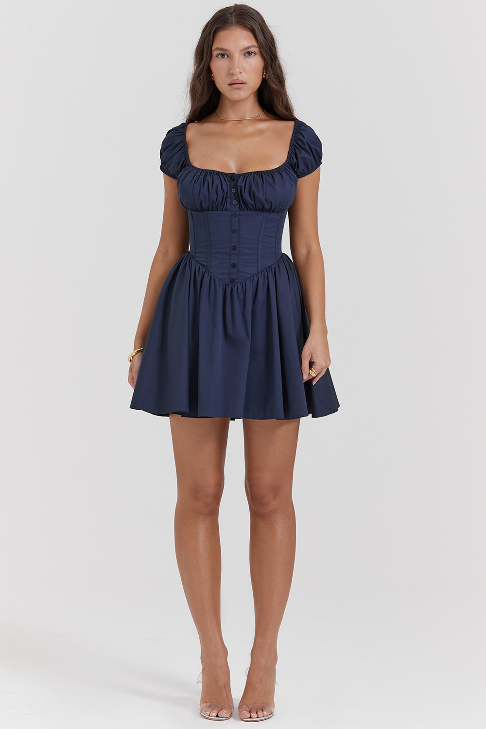 French navy blue mini dress with pleats