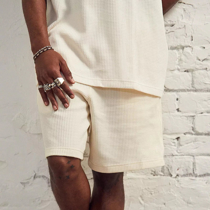 Casual beige knitted T-shirt and shorts set for men