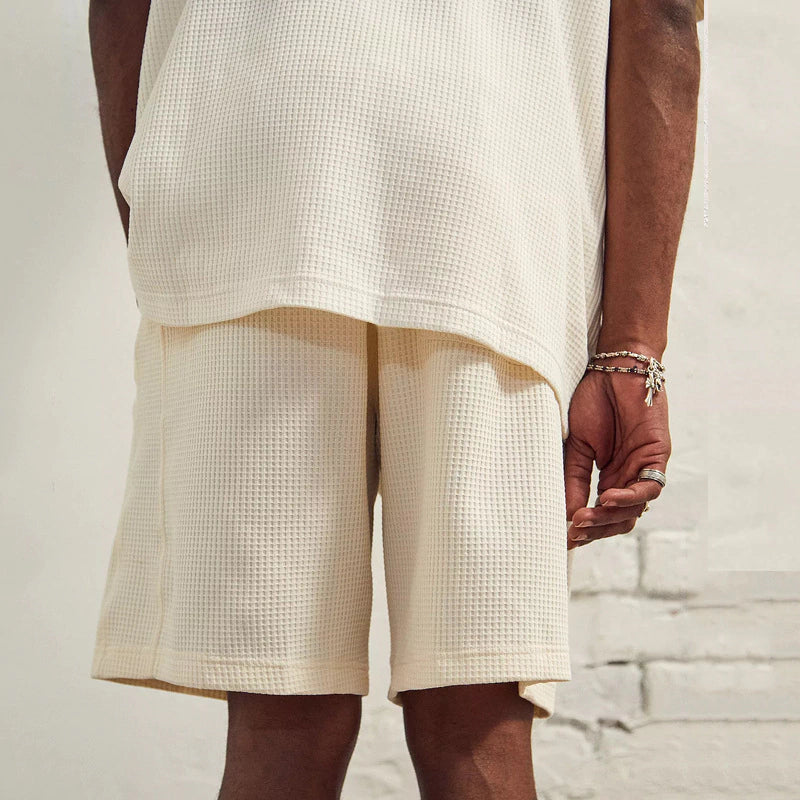 Casual beige knitted T-shirt and shorts set for men