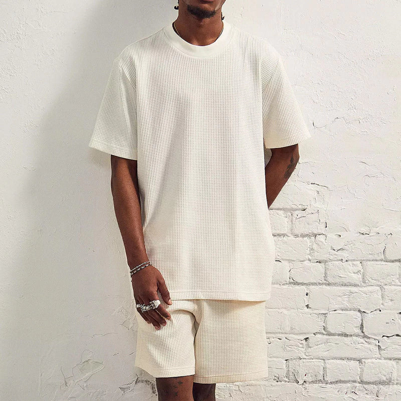 Casual beige knitted T-shirt and shorts set for men