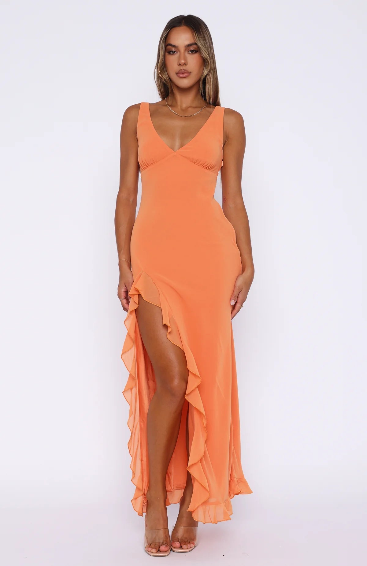 Ruffle Mesh Maxi Dress