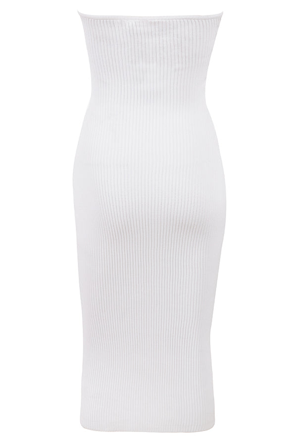 White ribbed knit strapless midi dress