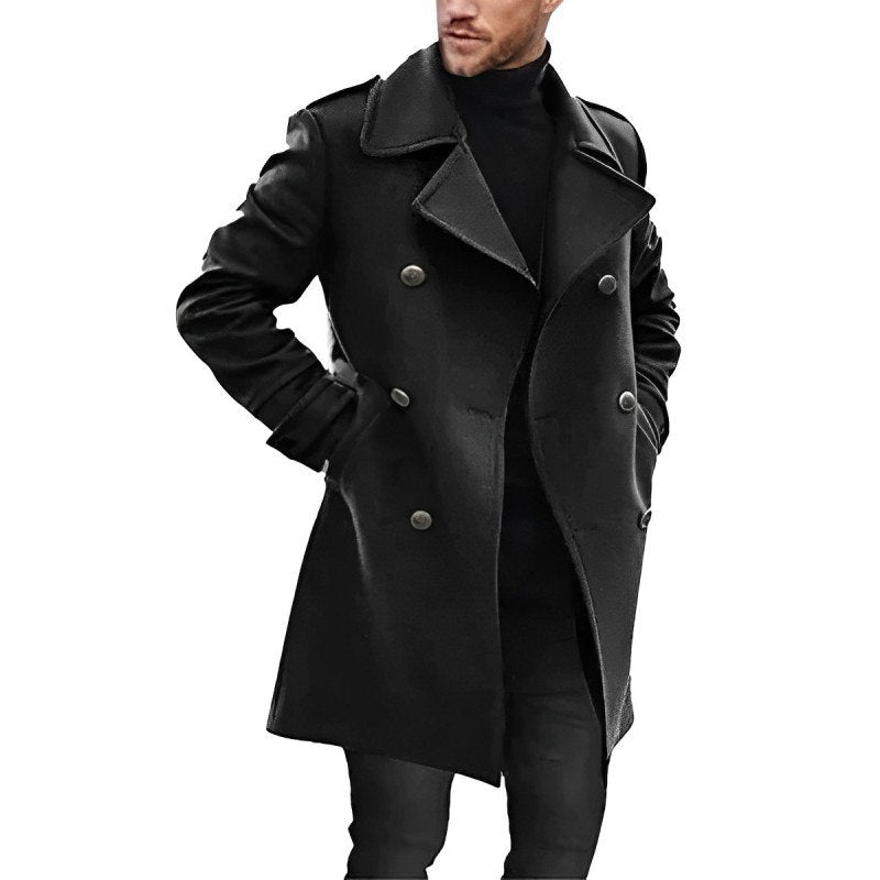 Medium length men's coat with double breasted buttons and lapels