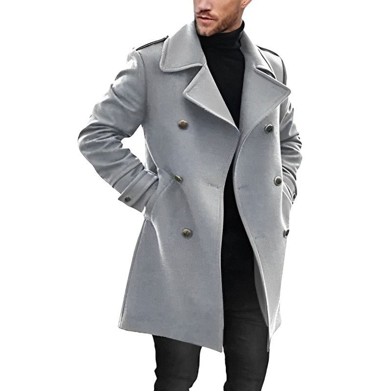 Medium length men's coat with double breasted buttons and lapels