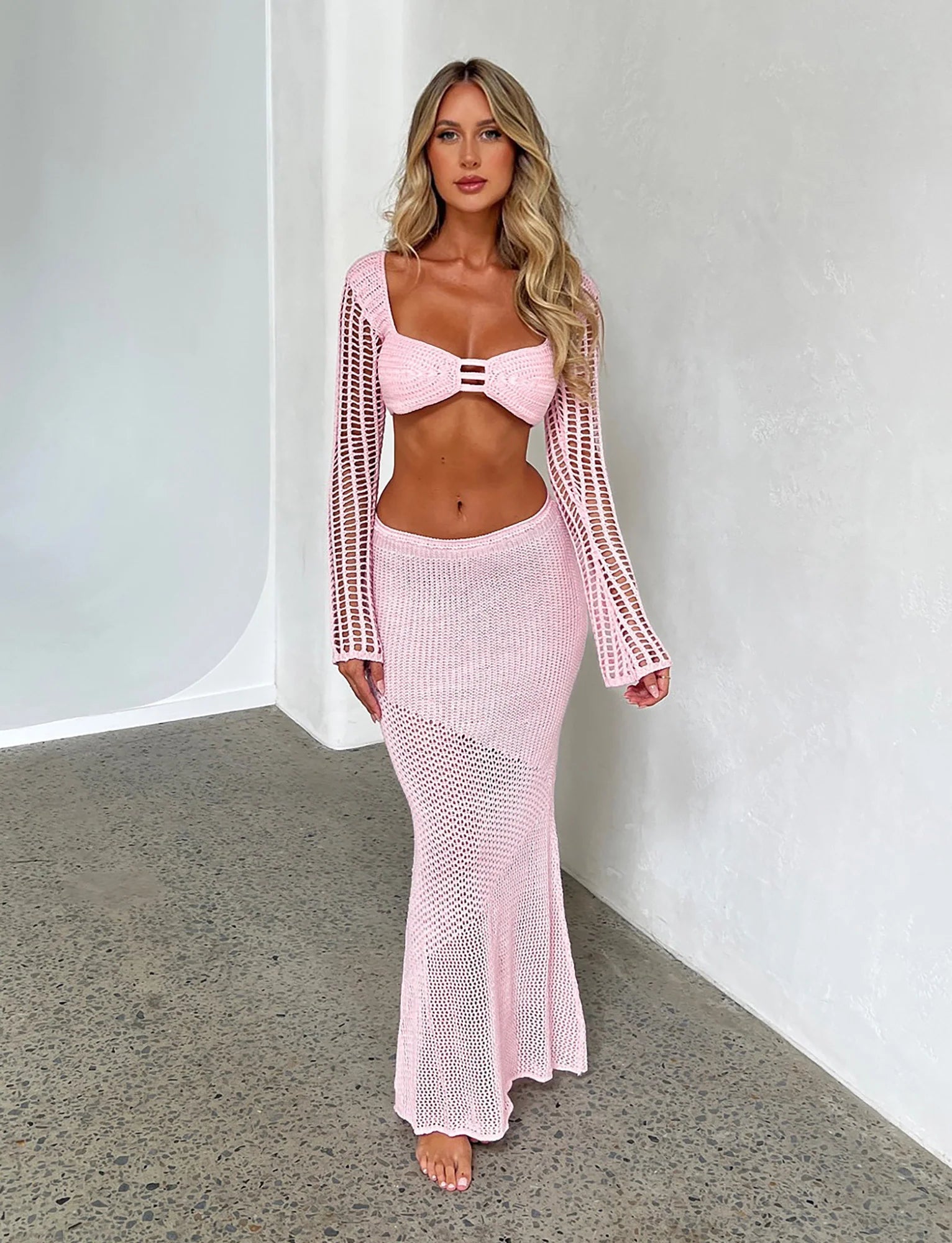 Crochet Maxi Skirt With Long Sleeve Crop Top Set