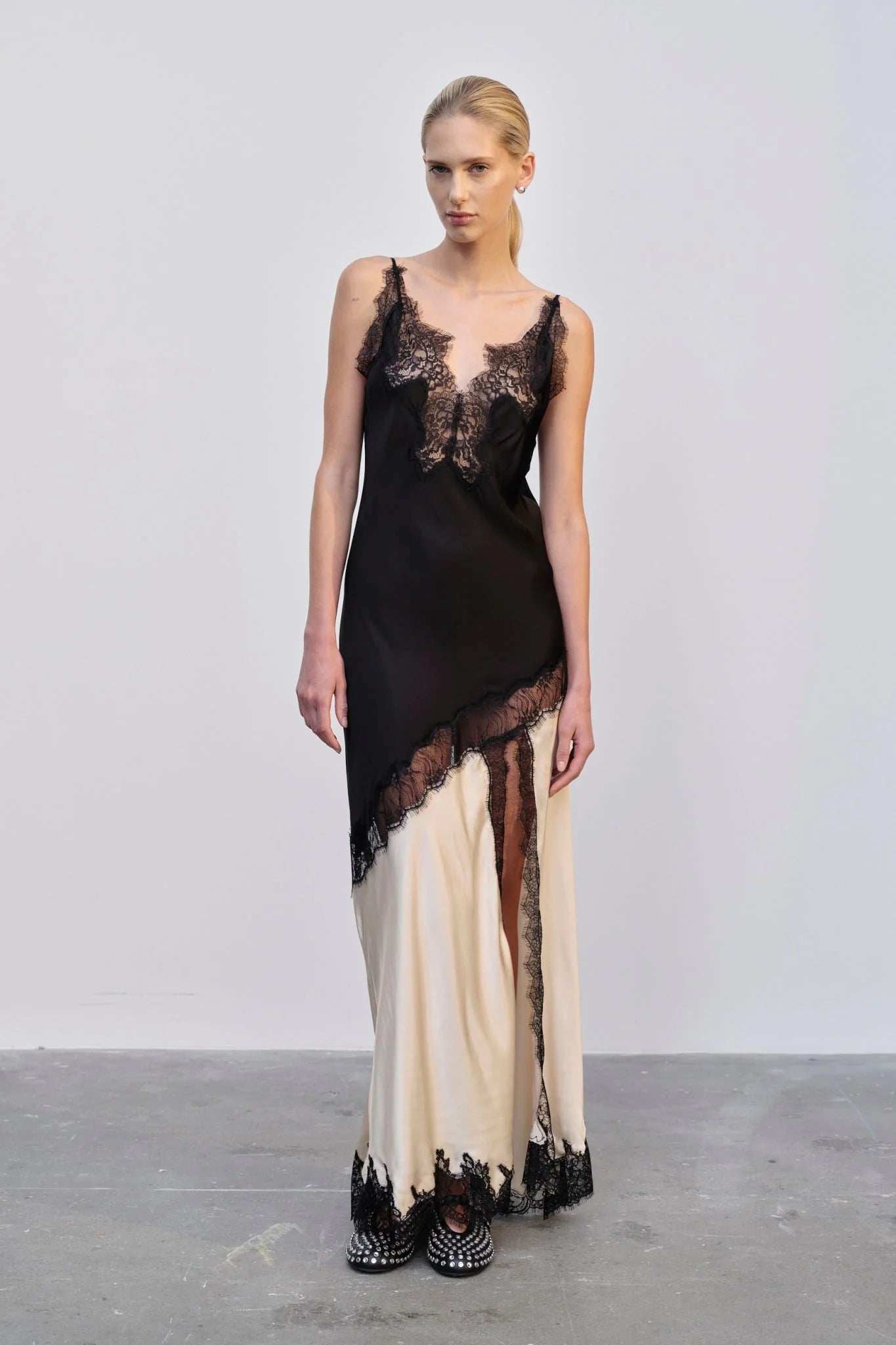 Spliced Sheer Lace Maxi Dress