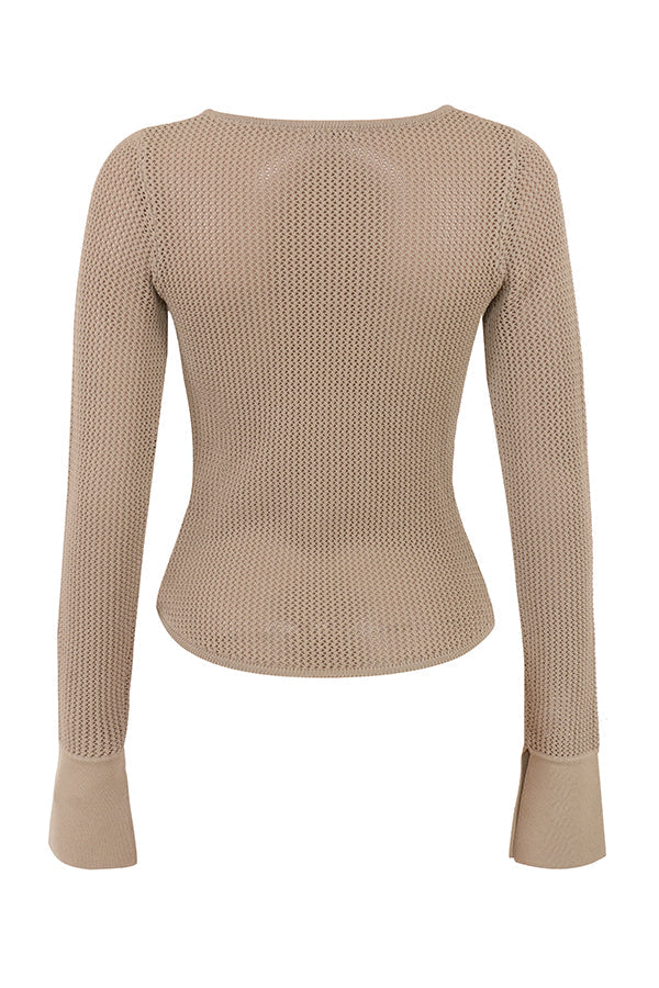 Taupe knitted top with long sleeves and mini skirt