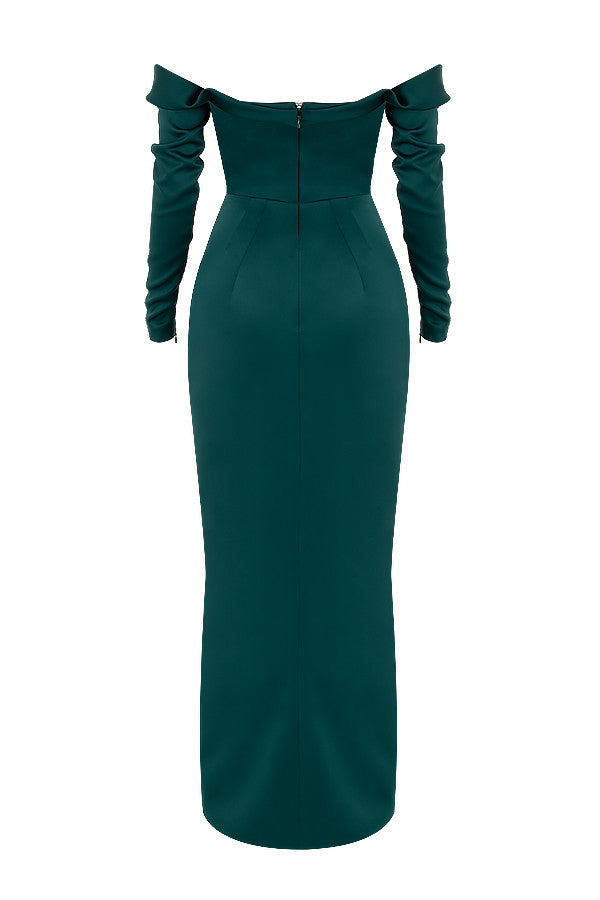 Emerald green satin draped strapless dress