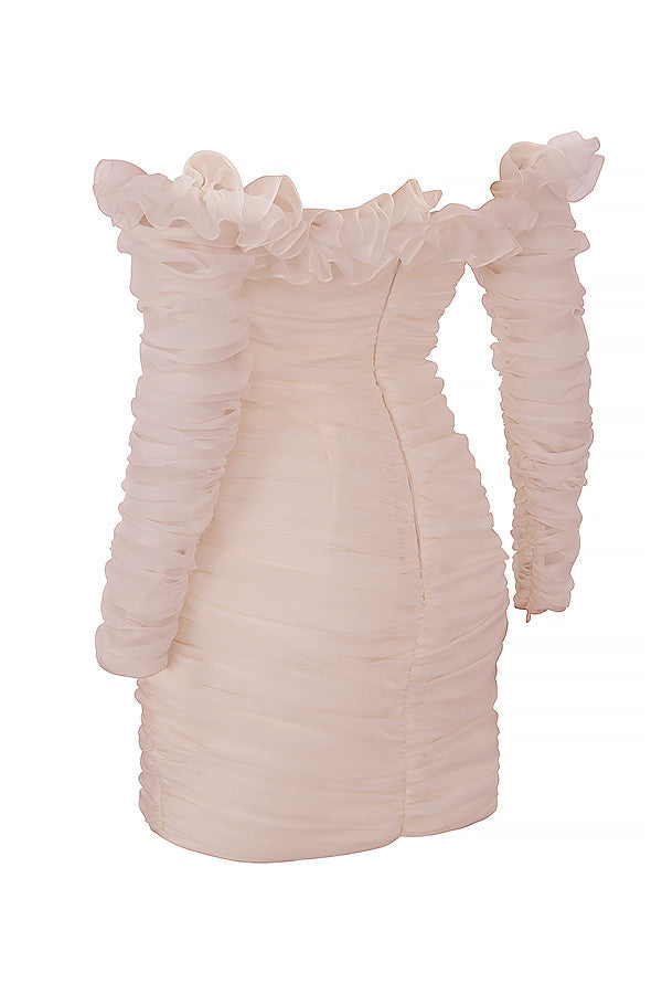 Ivory chiffon strapless dress with ruffles