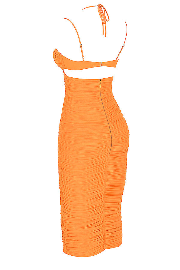 Midi dress with mandarin cutout and ruffles