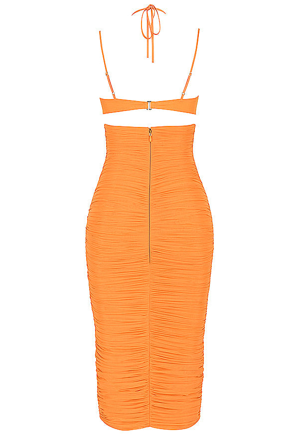 Midi dress with mandarin cutout and ruffles