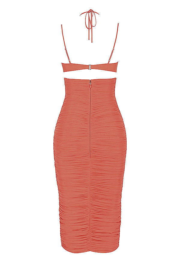 Midi dress with mandarin cutout and ruffles